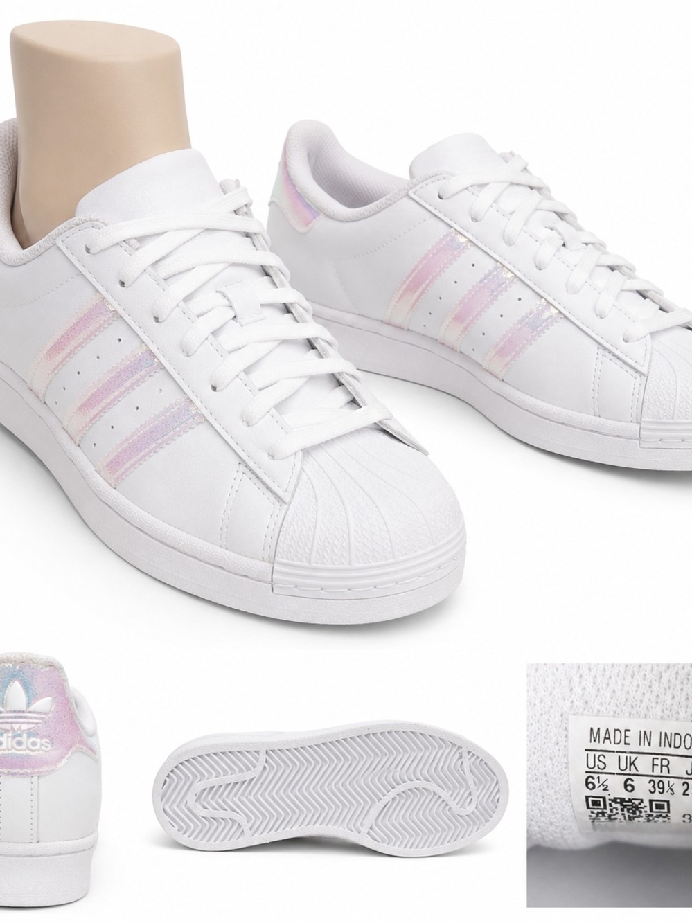 Adidas BIG KIDS White Superstar Sneakers with Iridescent Pink Stripes 6.5Y